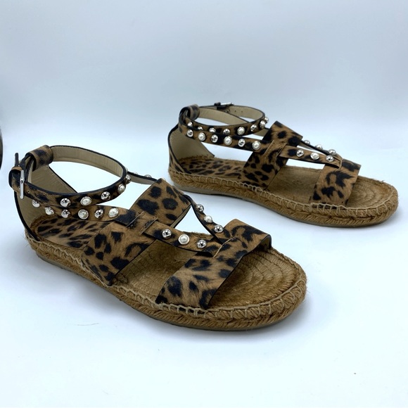 Jimmy Choo 7 Denise Pearl Embellished Leopard Print Leather Espadrille Sandals - Picture 6 of 11